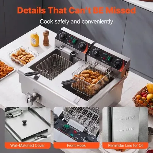 VEVOR kommerzielle Fritteuse, elektrische 3 kW Tischfritteuse mit Doppeltank & Korb, 2 x 11 L Doppel-Ölfritteuse aus Edelstahl, Zeit- und Temperaturregelung, für Küche Restaurants – Bild 5