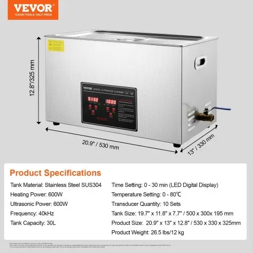 VEVOR Ultraschallreiniger Ultraschall Edelstahl-Reinigungsgerät 600 W, 30 L Ultraschallreinigungsgerät mit digitaler Anzeige 0-30 Min, Reinigung Ultraschall für Schmuck, Brillen, Uhren usw. – Bild 6