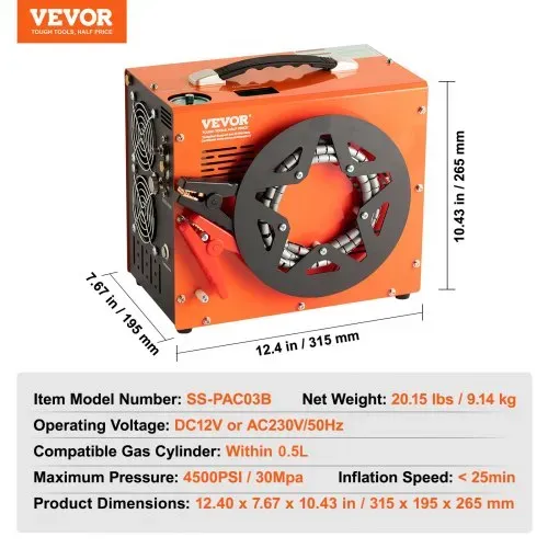 VEVOR PCP Kompressor 30Mpa/4500PSI Luftkompressor 0,5L Tragbarer PCP DC12V & AC120V Kompressor 25min Einschaltdauer Luftpump 600-W-Hochleistungskonverter Hochdruckpumpe Airgun Gewehr – Bild 6
