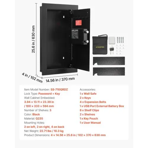 VEVOR Wandsafe Wandtresor mit Passwort & Schlüssel, Einbaugehäuse aus kaltgewalztem Stahl Q235 mit verstellbaren Ablagen & LED-Beleuchtung, Schranksafe Einbausafe für Geld Schmuck Reisepass – Bild 6