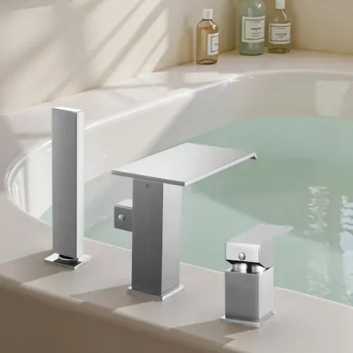 VEVOR römische Badewannenarmatur mit 3 Löchern, Wannenarmatur mit Handbrause & 1 Griff, Hochdurchfluss-Badewannenhahn aus gebürsteter Edelstahl mit doppelten Wasserflussoptionen Deckenmontage – Bild 7