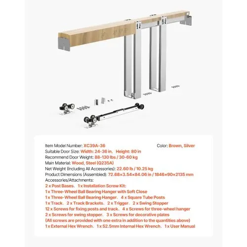 VEVOR Schiebetürrahmen-Set für 610– 914 mm breite & 2032 mm hohe Türen, Schiebetür-Set aus verzinkter Stahl mit Zwei-Wege-Soft-Close-Mechanismus & sanftem Gleiten, für Wohnzimmer, Badezimmer – Bild 6