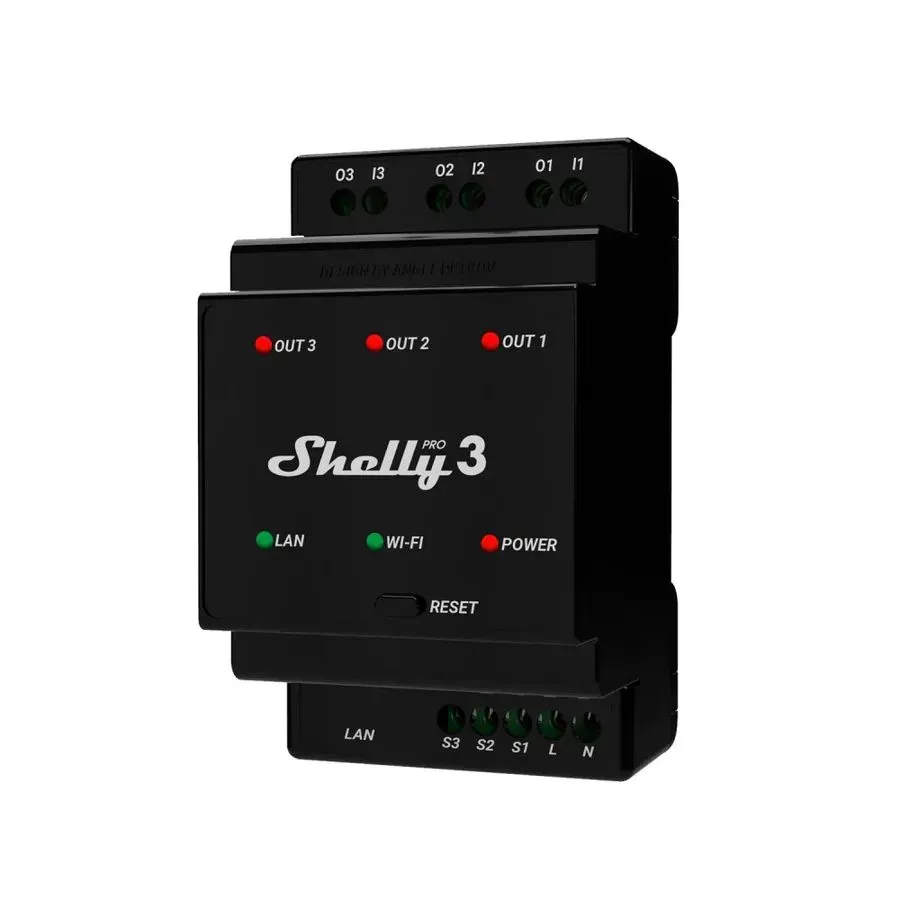Shelly · Hutschiene · „Pro 3“ · Relais · max. 48A · 3 Phasen · 3 Kanäle · WLAN · LAN · BT Shelly · Hutschiene · „Pro 3“ · Relais · max. 48A · 3 Phasen · 3 Kanäle · WLAN · LAN · BT