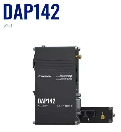 Teltonika · Accesspoint · DAP142 · 2×1 · Wi-Fi 4 · 300Mbit · 2x 10/100 · DIN Rail · RS232 Teltonika · Accesspoint · DAP142 · 2×1 · Wi-Fi 4 · 300Mbit · 2x 10/100 · DIN Rail · RS232