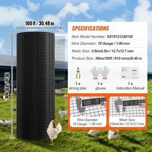 VEVOR Volierendraht 91 x 3048 cm, Gartenzaun, 1,06 mm Maschendrahtzaunrolle, Vinylbeschichtetes Drahtzaun für Hühnerstallbarrieren, Kaninchen- und Schlangenzäune, Geflügelgehege – Bild 6