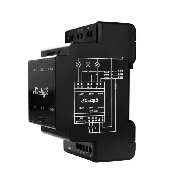 Shelly · Hutschiene · "Pro 3" · Relais · max. 48A · 3 Phasen · 3 Kanäle · WLAN · LAN · BT – Bild 2