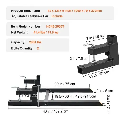 VEVOR Palettengabel 1090x70x230mm Gabelträger 907kg Tragfähigkeit Gabelzinken 109cm Gesamtlänge mit 76cm-Gabelblatt Gabelstapler 495-915mm Einstellbar Gabelstaplerzinken Frontlader Palettenrahmen – Bild 6