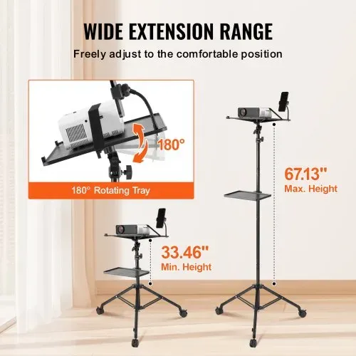 VEVOR Projektorständer mit Rädern Laptopständer-Stativ, höhenverstellbar von 795 bis 1710 mm, Projektor-Stativständer mit 2 Ablagen & Schwanenhals-Telefonhalterung, im Freien/Büro/Studio, zu Hause – Bild 2