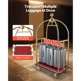 VEVOR Hotelgepäckwagen, 500 kg Tragkraft, Edelstahl-Pagenwagen mit gebogenen Pfosten, Parkservice-Wagen mit rotem Teppichboden & 15 cm Gummirädern, ideal für Hotels, Eigentumswohnungen, Resorts VEVOR Hotelgepäckwagen, 500 kg Tragkraft, Edelstahl-Pagenwagen mit gebogenen Pfosten, Parkservice-Wagen mit rotem Teppichboden & 15 cm Gummirädern, ideal für Hotels, Eigentumswohnungen, Resorts