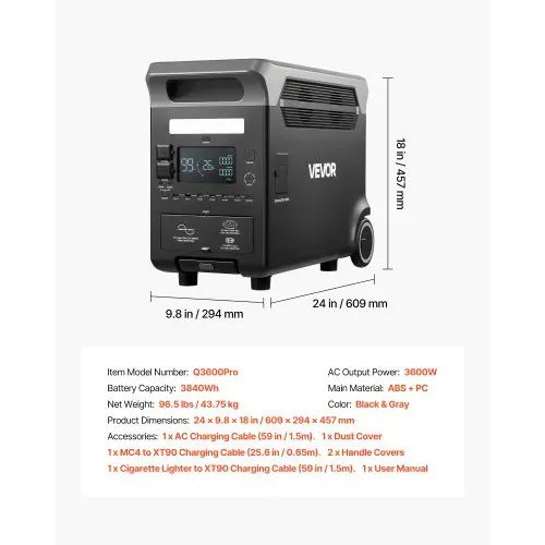 VEVOR tragbare Powerstation 3600 W, 3840 Wh, Solargenerator mit 10 Ausgangsanschlüssen, 6 einstellbarer Eingangsleistung, LiFePO4-Batterie-Backup (Solarpanel NICHT im Lieferumfang enthalten) – Bild 6