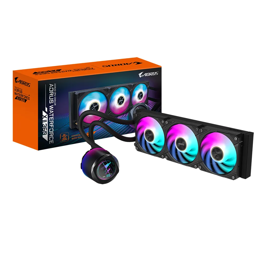 GIGABYTE AORUS WATERFORCE X II 360 AIO Flüssigkeits-CPU-Kühler – 3x120mm ARGB-Lüfter, Vollfarb-LCD, DAISY-CHAIN, kompatibel mit Intel LGA 1851 und AMD AM5 GIGABYTE AORUS WATERFORCE X II 360 AIO Flüssigkeits-CPU-Kühler – 3x120mm ARGB-Lüfter, Vollfarb-LCD, DAISY-CHAIN, kompatibel mit Intel LGA 1851 und AMD AM5