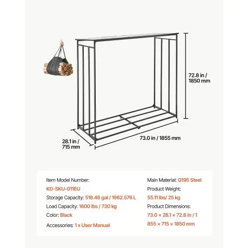 VEVOR Kaminholzregal 3/8 Cord Brennholzregal Feuerholzregal 1855x715x1850mm, für Kamin, Terrasse & Balkon, Rahmen aus Kohlenstoffstahl Pulverbeschichtet, Tragfähigkeit 730 kg, Kapazität 1962 L Schwarz – Bild 6