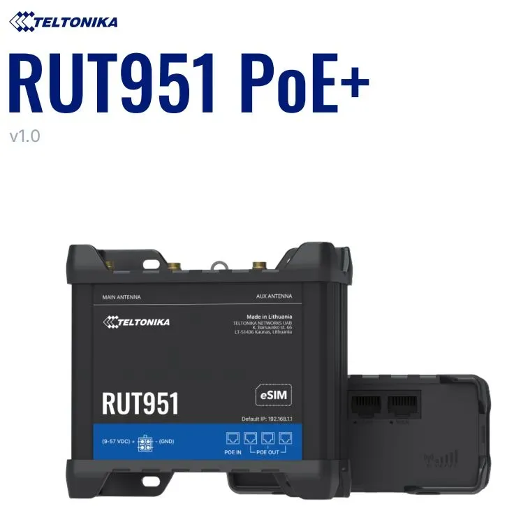 Teltonika · Router · RUT951 PoE + · LTE Modem Router/WLAN · PoE+ without PSU Teltonika · Router · RUT951 PoE + · LTE Modem Router/WLAN · PoE+ without PSU