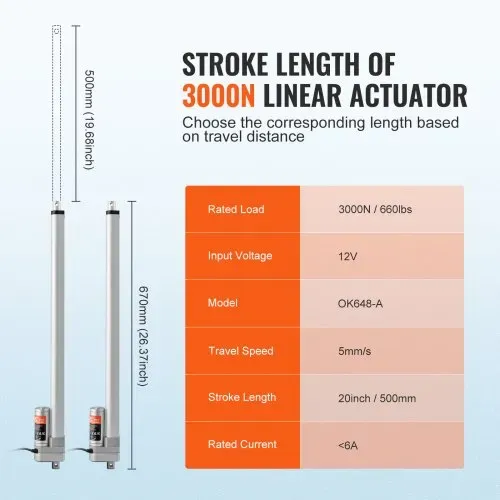 VEVOR 3000N Linear Actuator DC 12V Linearantrieb IP65 Elektrischer Linearmotor 500mm Hublänge Geräuschpegel ≤60dB Elektrische Türöffner 5mm/s Fahrgeschwindigkeit Lineartechnik Verstellantrieb – Bild 2