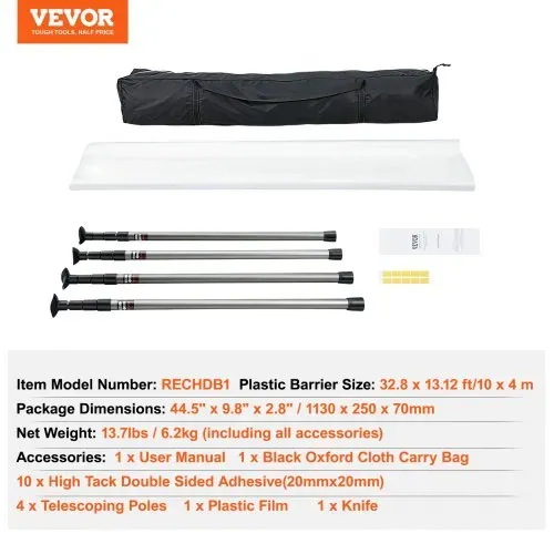VEVOR Staubschutzstangen, Staubschutzsystem Staubschutzwand mit 4 Teleskopstangen & Tragetasche, 4 Höhenverstellbar Max. 3 m, 10 x 4 m Kunststofffolie, für Innendekoration und Malerarbeiten – Bild 6