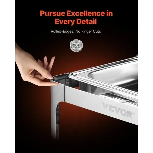 VEVOR Chafing Dish Set Speisenwärmer Edelstahl mit Pfannen in voller Größe (8,5 L), rechteckiger Wärmespender mit Roll Top Deckel & Wasserpfannenständer & Brennstoffhalter, für Buffet Silber – Bild 2