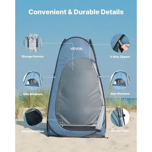 VEVOR Pop Up Toilettenzelt 119x119x210 cm, Zelt mit Sofortaufbau, Umkleidezelt inkl. Heringen & Seilen & Tragetasche, aus 190T Polyester ideal für Camping Strand Angeln Blau – Bild 4