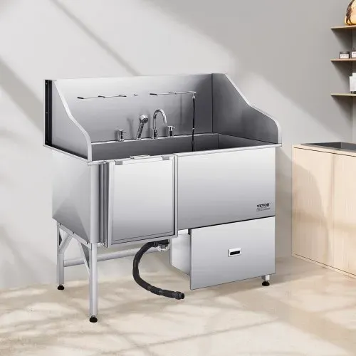 VEVOR 304 Edelstahl-Hundewaschstation, 154,9 cm große Pflegebadewanne mit rutschfester, flacher Rampe, Schublade, Warm- und Kaltwasserhahn, All-in-One-Badewanne für Pflegesalons, für alle Größen geeignet (linke Tür) – Bild 7