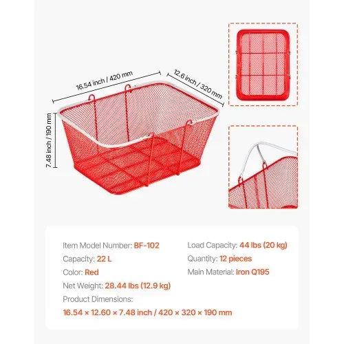 VEVOR Einkaufskorb, 12 Stk., 22 L, stapelbarer Metallkorb mit Griffen, Tragekorb, belastbar bis zu 20 kg, Universalkorb für Lebensmittel, Einzelhandel, Geschäfte, Supermärkte, Buchhandlungen, rot – Bild 6