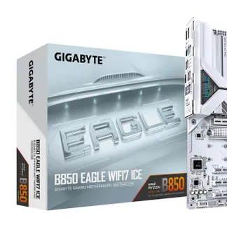 GIGABYTE B850 EAGLE WIFI7 ICE Mainboard – AMD Ryzen 9000 Serie Prozessoren, digitales 8+2+2 Phasen VRM, bis zu 8200 MHz DDR5 (O.C.), 1x PCIe 5.0 + 2x PCIe 4.0 M.2, Wi-Fi 7, 2.5 GbE LAN, USB 3.2 Gen 2 GIGABYTE B850 EAGLE WIFI7 ICE Mainboard – AMD Ryzen 9000 Serie Prozessoren, digitales 8+2+2 Phasen VRM, bis zu 8200 MHz DDR5 (O.C.), 1x PCIe 5.0 + 2x PCIe 4.0 M.2, Wi-Fi 7, 2.5 GbE LAN, USB 3.2 Gen 2