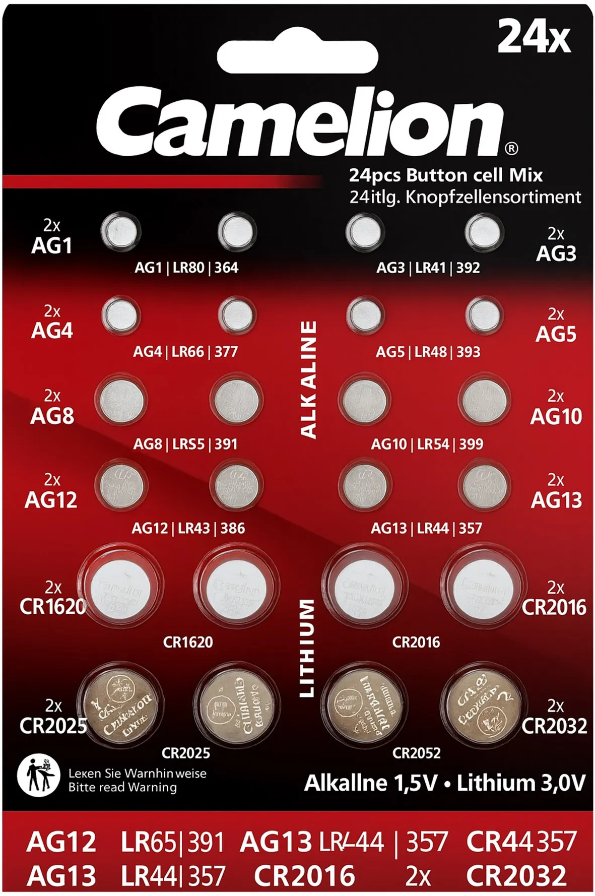 Knopfzellen-Sortiment 24 teilig 8 versch. AG + 4 versch. CR-Knopfzellen Knopfzellen-Sortiment 24 teilig 8 versch. AG + 4 versch. CR-Knopfzellen
