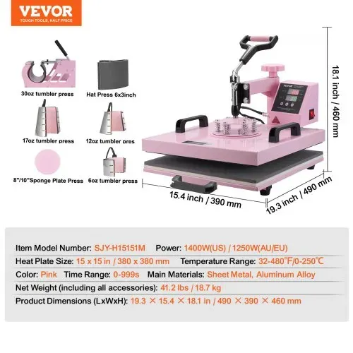 VEVOR Hitzepresse Transferpresse 38x38cm 8 in 1 Tumbler Presse T-Shirts Rosa – Bild 6