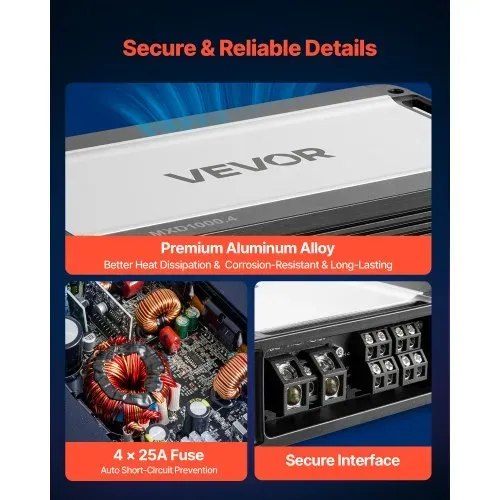 VEVOR Autoverstärker 4-Kanal, Endstufe Klasse D Überbrückbar, Max. 4 x 500 W an 4 Ohm / 4 x 1000 W an 2 Ohm, Hochleistungsverstärker für SUVs Pickups Geländewagen Mehrkanal-Audioverstärker – Bild 4