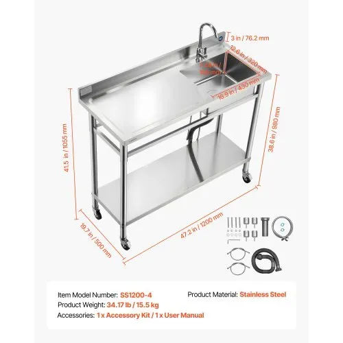 VEVOR Spültisch Spülbecken Edelstahl (1200 x 500 x 1055 mm), Einzelbecken mit Wasserhahn & Rädern, Küchenspüle für Garage Restaurant Wäscherei, Waschtisch Außenspüle mit Arbeitsplatte (links) – Bild 6