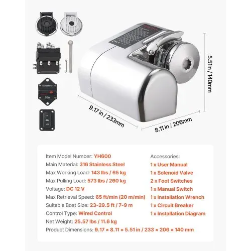 VEVOR Elektrische Angelwinde, 12 V DC 600 W, Ankersysteme passend für 1/4-Zoll-Ketten und 9/16-5/8-Zoll-Nylonseile, Max. Zugkraft 260 kg, Konstruktion aus Edelstahl 316, für Boote 7–9 m – Bild 6