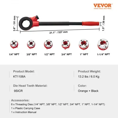 VEVOR 6-tlg. Set Gewindeschneidkluppe Rohrgewindeschneidsatz Kluppe Gewindeschneider 0,64cm NPT – 1-0,64cm NPT im Koffer 9SICR-Schneidkopf Ideal für Baugewerbe Sanitärindustrie usw. – Bild 6