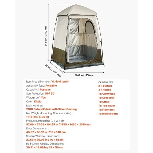 VEVOR Duschzelt mit 1 Raum, Wasserfestes Toilettenzelt (145x145x215 cm), Umkleidezelt inkl. Heringen & Seilen & Tragetasche & Querstange, aus 210D Oxford-Gewebe für Camping Strand Angeln Khaki – Bild 6
