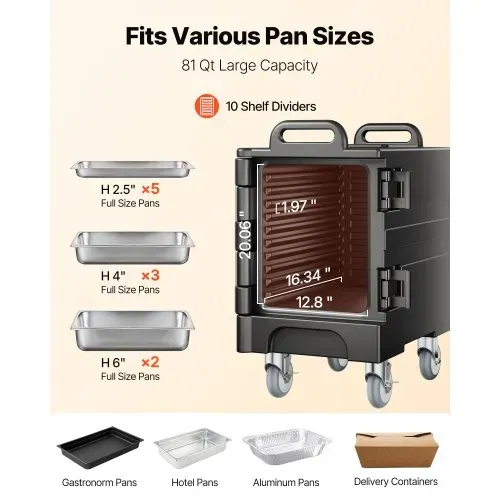 VEVOR Isolierter Speisenbehälterträger Warmhaltebox für Gastronomie 75 L, Speisenbehälter mit Doppelschnallen & Griffen, Speisenbehälterträger Lebensmitteltransportbox für Restaurant Schwarz (ohne Tablett) – Bild 3