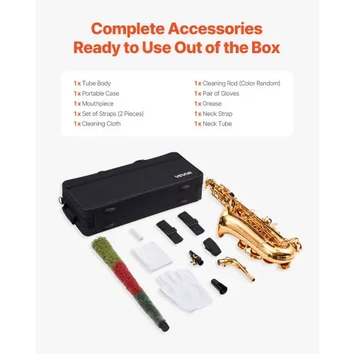 VEVOR Altsaxophon, E-Dur, Messingsaxophon-Anfängerset mit Tragetasche, Mundstück, Gurten, Reinigungstuch, Handschuhen, Fett, Umhängeband, 23 Tasten Altsaxophon-Set, für Anfänger & Schüler, Gold – Bild 5