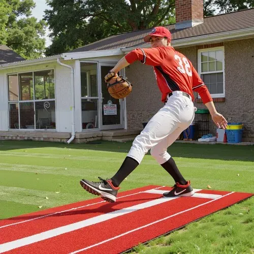 VEVOR Baseball-Schlagmatte Trainingsmatte (305 x 92 cm) Trainingspad Schlagkäfigmatte, Baseballmatte mit lichtechter Rasen & rutschfester Schaumstoffrückseite, tragbare Softballmatte Pitching Rot – Bild 7