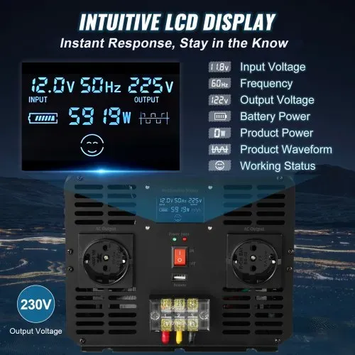 VEVOR Wechselrichter mit reiner Sinuswelle, 5000 Watt, Spannungswandler, DC 12 V auf AC 230 V Auto-Wechselrichter mit LCD-Display, USB-Anschluss und Fernbedienung, Spannungswandler für Auto, Wohnmobil, LKW, Solaranlage, Reisen, Camping – Bild 2