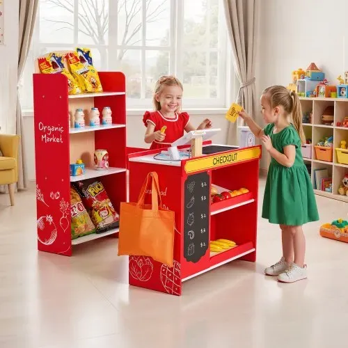 VEVOR Kinder-Lebensmittelladen-Spielset, Holz-Spielladen mit Einkaufstasche, Kinder-Supermarkt mit Förderband, Scanner, Registrierkasse, Obst und Gemüse, Geschenk für Kinder ab 3 Jahren – Bild 7