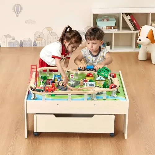 VEVOR Holz Aktivitätstisch, 100-teilig, Eisenbahntisch mit rollender Schublade, 3-in-1-Holzeisenbahn-Set zum Spielen, Malen, Lesen, Essen, kreatives Spielzeug-Set für Kinder ab 3 Jahren – Bild 7