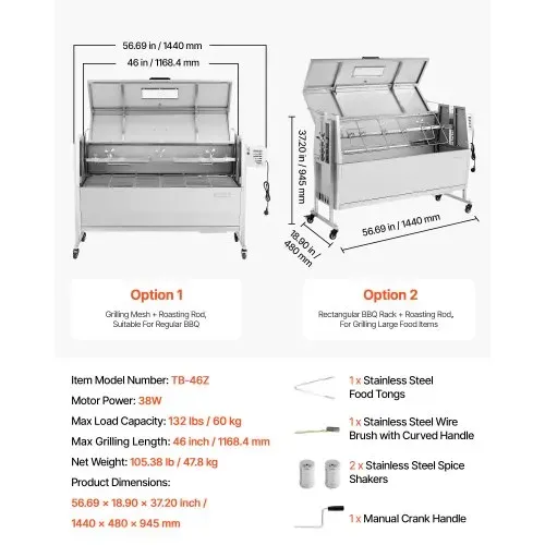 VEVOR Lammgrill 38 W 60 kg 1168,4 mm Drehspieß Spanferkelgrill Edelstahl für Garten und Terrasse, 4 Höhenstufen, Feststellbare Räder, mit Grillzange Faltbarem Deckelschutz Bürsten und Gewürzbehälter – Bild 6