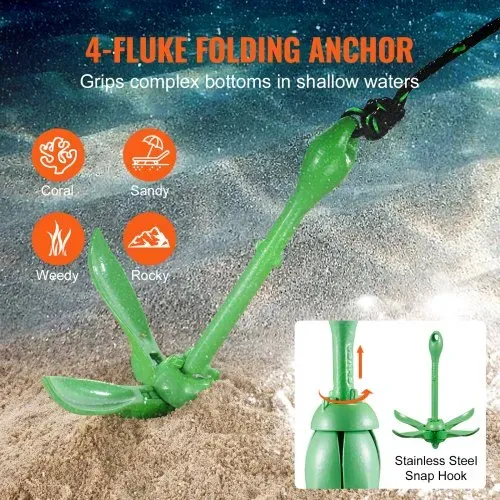 VEVOR Kajak-Ankerset, 3,5 lbs Paddle Board-Ankerset mit 8 m Seil und Boje, Faltbarer Kleiner Bootsanker mit Aufbewahrungstasche und Karabinerhaken, Kajak-Zubehör für Kajaks, Kleine Boote, Kanus – Bild 2