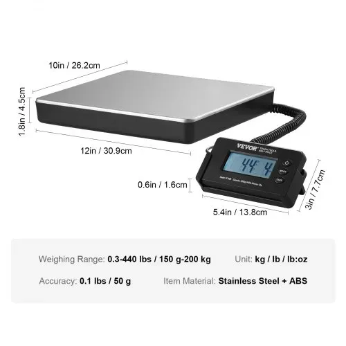 VEVOR Plattformwaage 150g-200kg Paketwaage 50g Genauigkeit Digitalwaage kg/lbs/lbs:oz Zählwaage 309x262x45mm ABS Edelstahl Tara-Funktionen AC/DC-Netzteil Industriewaage Briefwaage Waage – Bild 6