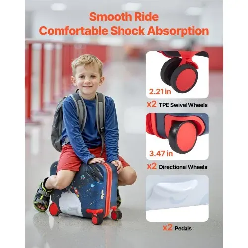 VEVOR Handgepäck Kinderkoffer, 26 L Fassungsvermögen, Hartschalenkoffer mit Rollen zum Draufsitzen, verstellbarer Schultergurt, Kinderreisetasche für Kinder ab 3 Jahren, Blau und Weiß – Bild 3