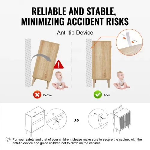VEVOR Rattanschrank Rattankommode Aufbewahrungsschrank mit 2 magnetischen Türen & verstellbaren Regalen & Griffen, Sideboard-Buffetschrank für Flur Eingangsbereich Wohnzimmer Küche Flur – Bild 4