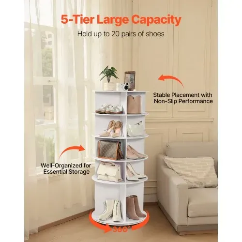 VEVOR Schuhregal Schuhschrank für 20 Paar Schuhe (5-stöckig) 360° drehbar, platzsparende Schuhaufbewahrung, Schuhablage für Schlafzimmer Wohnzimmer Eingangsbereich, Weiß 598 x 598 x 1350 mm – Bild 3