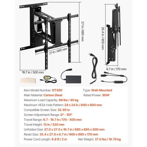 VEVOR motorisierte TV Wandhalterung Halterung für 813 bis 1651 mm Fernseher, elektrischer verstellbarer herunterklappbarer Ständer mit max. VESA 60 x 60 cm, passend für Fernseher bis zu 40 kg – Bild 6