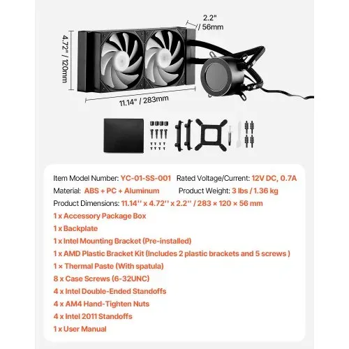 VEVOR CPU-Flüssigkeitskühler, AIO-CPU-Wasserkühler – 120-mm-PWN-Lüfter & -Pumpe, PC-Wasserkühlung mit 5,3 cm LCD-Display & ARGB-Licht, für Intel 115X/1366/2011/1700/1200, AMD AM4/AM5 – Bild 6