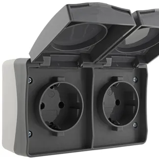 NUQUI Feuchtraum Doppel-Steckdose horiz. IP54, Aufputz, 250V~/ 16A NUQUI Feuchtraum Doppel-Steckdose horiz. IP54, Aufputz, 250V~/ 16A