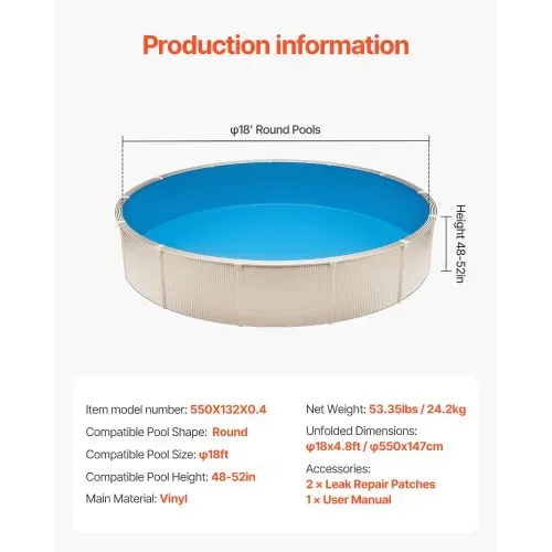 VEVOR Runde Poolfolie, φ550x147 cm, Innenfolie, Ersatzfolie, Innenhülle, Schwimmbadfolie, Folie aus Vinyl in Standardgröße, verschleißfest, für Aufstellpools mit 132 cm Wandhöhe, einfarbig – Bild 6