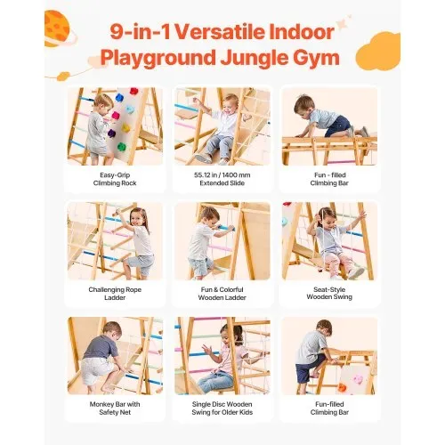 VEVOR Indoor Spielplatz Klettergerüst (9 in 1) aus Holz, 113 kg belastbares Montessori-Kletterspielzeug-Set mit Schaukeln/Klettergerüst/Rutsche/Holzleiter/Strickleiter/Kletternetz/Fels/Stange/Seil VEVOR Indoor Spielplatz Klettergerüst (9 in 1) aus Holz, 113 kg belastbares Montessori-Kletterspielzeug-Set mit Schaukeln/Klettergerüst/Rutsche/Holzleiter/Strickleiter/Kletternetz/Fels/Stange/Seil