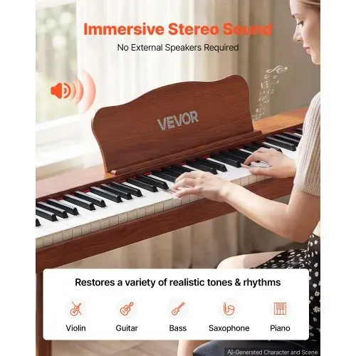 VEVOR Digitalpiano 88 Halbgewichtete Tasten in Standardgröße E-Piano Braun für Anfänger, 600 Klangfarben, 600 Rhythmen, USB, MIDI, Audioausgang, Kopfhörerbuchse, Sustain-Pedal und HiFi-Lautsprechern – Bild 4