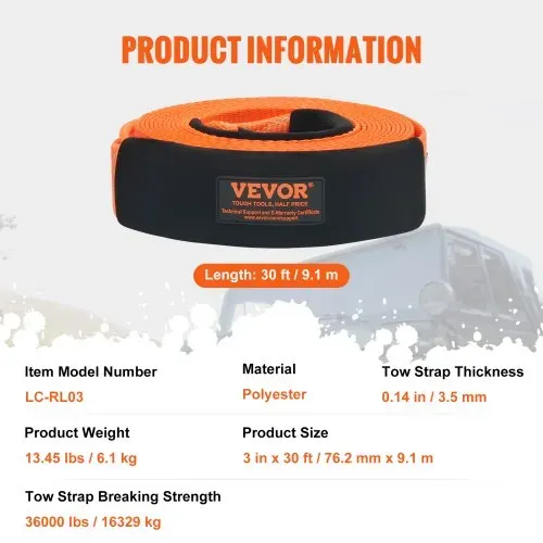 VEVOR Abschleppseil für Autos, 16329,31kg, 9,1 m 7,62 cm, für den Notfall, strapazierfähig – Bild 6